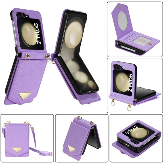 ELEHOLD for Samsung Galaxy Z Flip 6 Case, Luxury Leather Mirror Makeup Credit Card Holder Slot Crossbody Strap Women Girls Slim Protective Case for Samsung Galaxy Z Flip 6 ,Purple