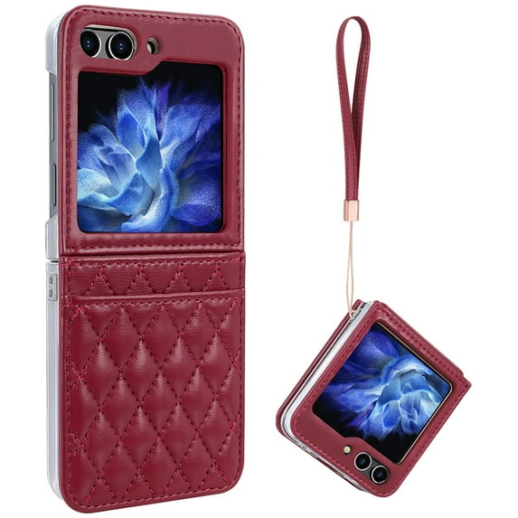 ELEHOLD for Samsung Galaxy Z Flip 6 Case, Luxury Soft PU Leather Credit Card Holder Hinge Protection Women Girls Shockproof Protective Case with Strap,Red