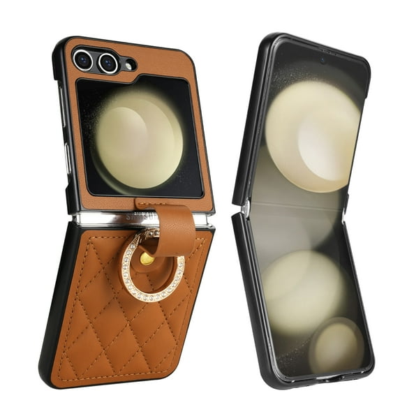 ELEHOLD for Samsung Galaxy Z Flip 6 Case, PU Leather Luxury Ring Ultra Thin Slim Durable Protective Phone Case Cover for Women Compatible with Samsung Galaxy Z Flip 6,Brown