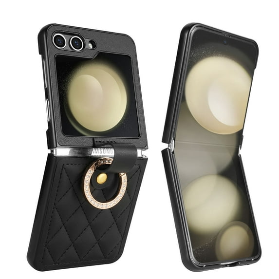 ELEHOLD for Samsung Galaxy Z Flip 6 Case, PU Leather Luxury Ring Ultra Thin Slim Durable Protective Phone Case Cover for Women Compatible with Samsung Galaxy Z Flip 6,Black
