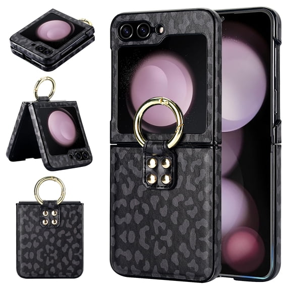 ELEHOLD for Samsung Galaxy Z Flip 6 Case,Soft PU Leather Ring Kickstand Durable Anti-Scratch Shockproof Protective Slim Phone Case for Samsung Galaxy Z Flip 6,Black Panther Texture