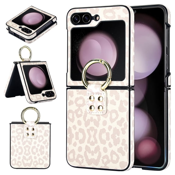 ELEHOLD for Samsung Galaxy Z Flip 6 Case,Soft PU Leather Ring Kickstand Durable Anti-Scratch Shockproof Protective Slim Phone Case for Samsung Galaxy Z Flip 6,White Panther Texture