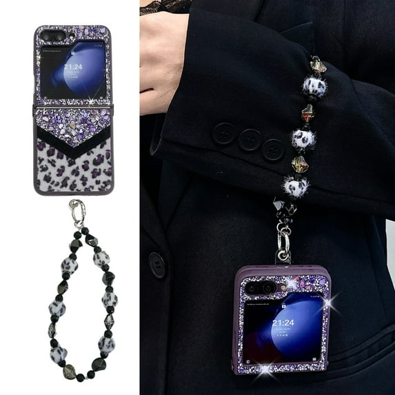 ELEHOLD for Samsung Galaxy Z Flip 6 Case, Women Girl Slim Hard PC Glitter Leopard Pattern Design Shock-Absorbent Protective Case with Lanyard for Samsung Galaxy Z Flip 6,Purple