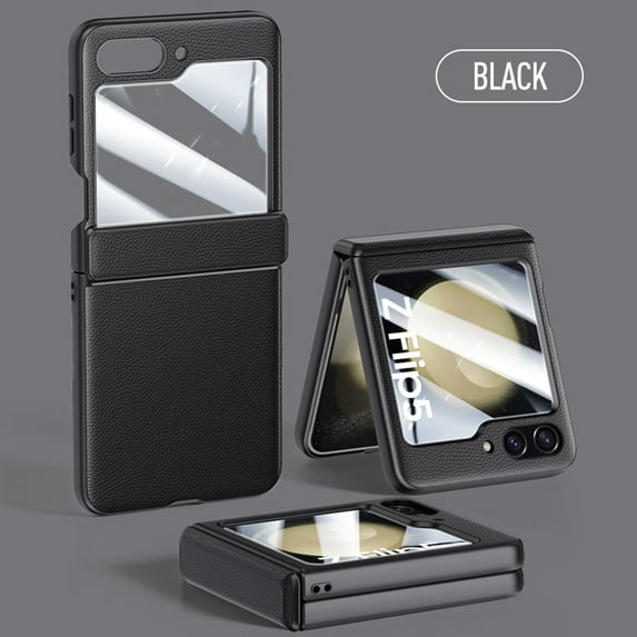 ELEHOLD for Samsung Galaxy Z Flip 6 Leather Case with Built-in Screen Protector Hinge Protection, Slim Fit Premium Leather Non-Slip Shockproof Protective Cover for Samsung Z Flip 6, Black