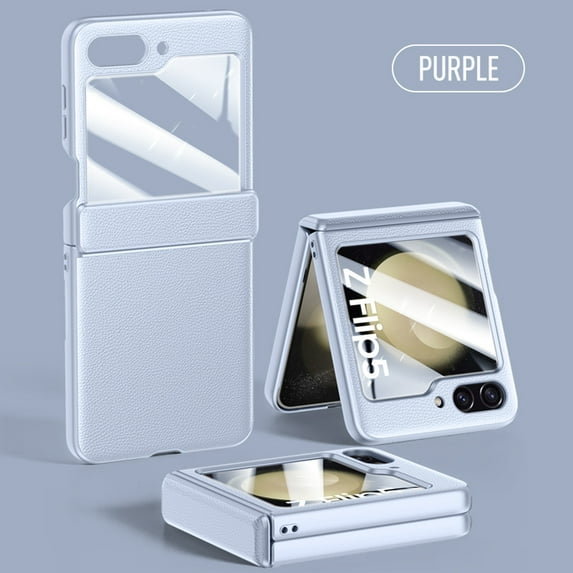 ELEHOLD for Samsung Galaxy Z Flip 6 Leather Case with Built-in Screen Protector Hinge Protection, Slim Fit Premium Leather Non-Slip Shockproof Protective Cover for Samsung Z Flip 6, Purple