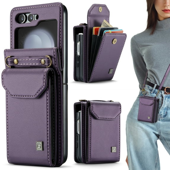 ELEHOLD for Samsung Galaxy Z Flip 6 Wallet Case, Durable Leather RFID Blocking Card Holder Detachable Wristlet Strap Flip Shock-Absorbent Wallet Phone Case for Galaxy Z Flip 6,Purple
