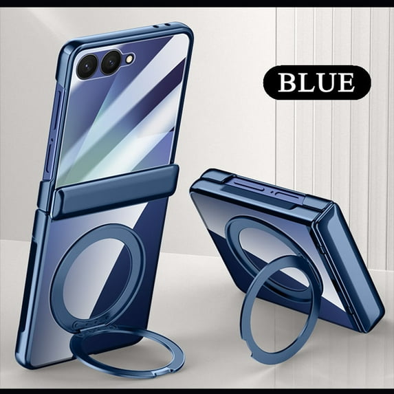 ELEHOLD For Samsung Galaxy Z Flip 7 2025 with Front Screen Protector,360° Rotating Ring Kickstand Magnetic Mag-Safe Compatible Clear Anti-Yellow PC Cover with Hinge Protector, Darkblue
