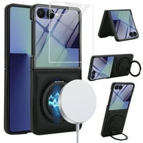 ELEHOLD For Samsung Galaxy Z Flip 7 Case with Screen Protector, Faux Leather Shock-Absorbent Magnetic Ring Kickstand Anti-Scratch Protective Case Cover with Screen Protector ,Black