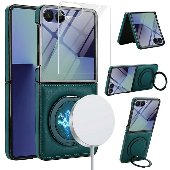 ELEHOLD For Samsung Galaxy Z Flip 7 Case with Screen Protector, Faux Leather Shock-Absorbent Magnetic Ring Kickstand Anti-Scratch Protective Case Cover with Screen Protector ,Green