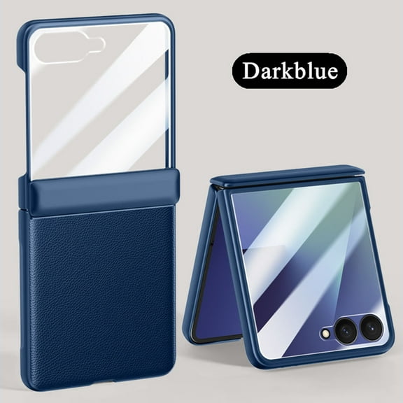 ELEHOLD for Samsung Galaxy Z Flip 7 Leather Case with Built-in Screen Protector Hinge Protection, Slim Fit Premium Leather Non-Slip Shockproof Protective Cover for Samsung Galaxy Z Flip 7, Darkblue