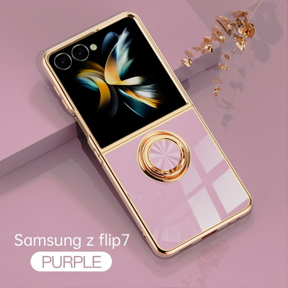 ELEHOLD for Samsung Galaxy Z Flip 7 Slim Case Electroplating Frame Design Lens Protection Metal Ring Holder Stand Function Compatible with Magnetic Car Mount Shockproof Lightweight Case,Purple