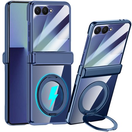 ELEHOLD For Samsung Galaxy Z Flip 8 2025 with Front Screen Protector,360° Rotating Ring Kickstand Magnetic Mag-Safe Compatible Clear Anti-Yellow PC Cover with Hinge Protector, Darkblue
