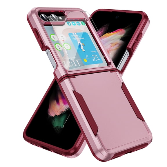 ELEHOLD for Samsung Galaxy Z Flip5 with Built-in Retractable Sliding Hinge Protector Case,Rugged Shockproof Anti-Scratch with 1 Pack Small Screen Protector for Galaxy Z Flip5 2023,Pink