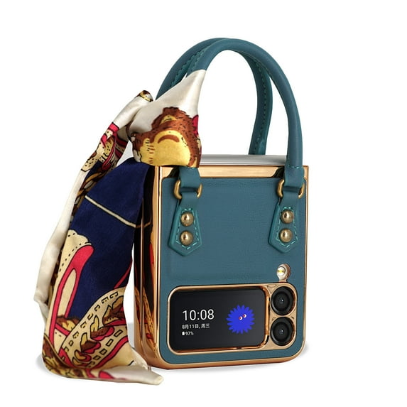 ELEHOLD Samsung Galaxy Z Flip5 Case with Handle Grip, Handbag Shape Fashion Elegant Slim PU Leather Cover with Plating Bumper for Samsung Galaxy Z Flip 5,Darkgreen