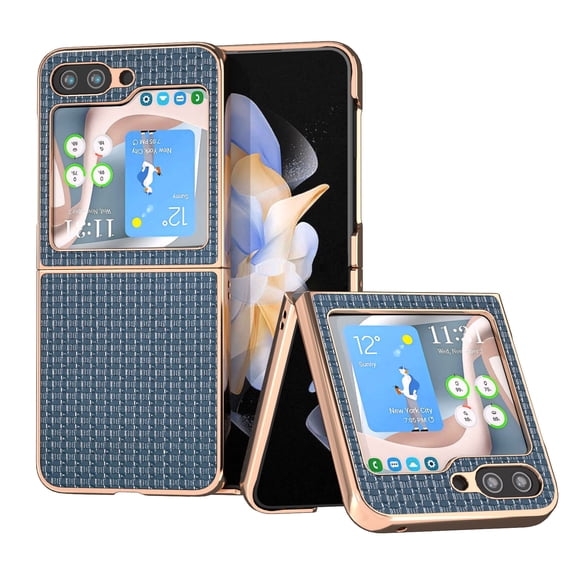ELEHOLD for Samsung Galaxy Z Flip5 Genuine Leather Case,Luxury Plating Design Shockproof Bumper Slim Lightweight Anti-Scratch Case for Samsung Z Flip 5,Darkblue
