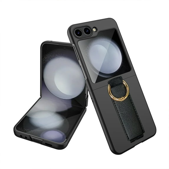 ELEHOLD for Samsung Galaxy Z Flip5 Hard PC Case with Built-in Screen Protector Leather Wristband Strap Ring Holder Slim Lightweight Shockproof Case for Samsung Galaxy Z Flip5,Black