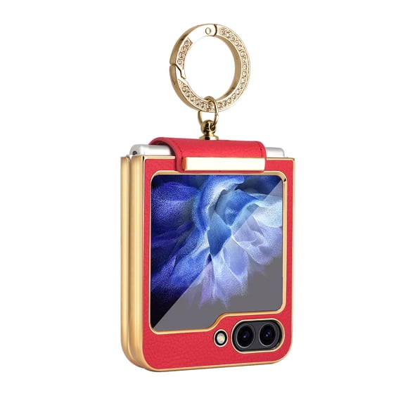 ELEHOLD for Samsung Galaxy Z Flip5 Leather Case Plating Shockproof PU Leather with Glitter Diamond Ring Holder Stand Slim Lightweight Case for Samsung Galaxy Z Flip5 2023,Red