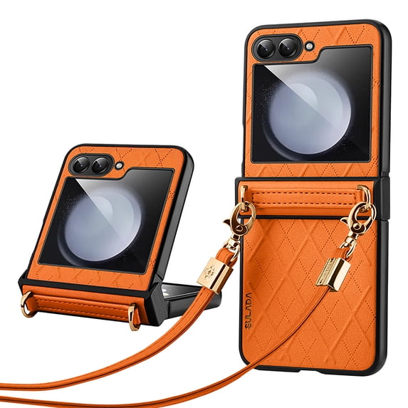 ELEHOLD for Samsung Galaxy Z Flip5 Luxury Leather Case with Detachable Strap,PU Leather Anti-Scratch Lightweight Shockproof Case for Samsung Z Flip5 2023 for Women Girls,Orange