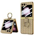 thumbnail image 1 of ELEHOLD for Samsung Galaxy Z Flip5 Luxury Plating Case with Ring Holder Built-in Screen Protective Film, PU Leather Woven Pattern Shockproof Anti-Scratches Slim Cover for Galaxy Z Flip5, Gold, 1 of 9