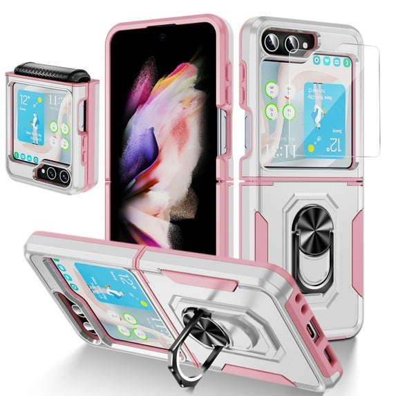 ELEHOLD for Samsung Galaxy Z Flip5 with Magnetic Ring Holder Built-in Retractable Sliding Hinge Protector Case,Rugged Shockproof with 1 Pack Small Screen Protector for Galaxy Z Flip5 2023,White