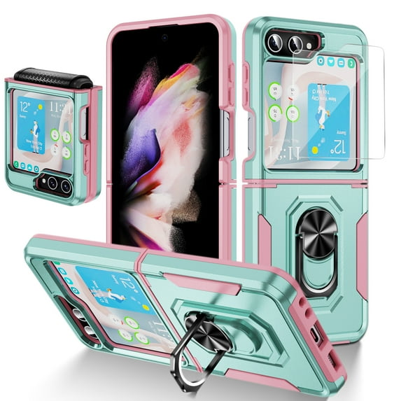 ELEHOLD for Samsung Galaxy Z Flip5 with Magnetic Ring Holder Built-in Retractable Sliding Hinge Protector Case,Rugged Shockproof with 1 Pack Small Screen Protector for Galaxy Z Flip5 2023,Mint Pink