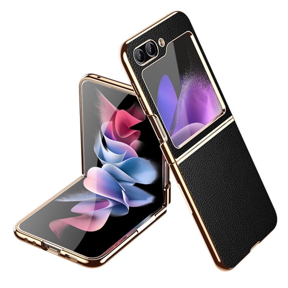 ELEHOLD for Samsung Galaxy Z Flip5 Plating Leather Case,Lychee Pattern Leather Premium Leather Shockproof Electroplated Protective Case for Samsung Galaxy Z Flip5,Black