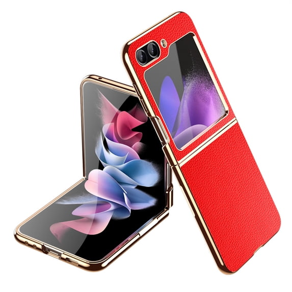 ELEHOLD for Samsung Galaxy Z Flip5 Plating Leather Case,Lychee Pattern Leather Premium Leather Shockproof Electroplated Protective Case for Samsung Galaxy Z Flip5,Red