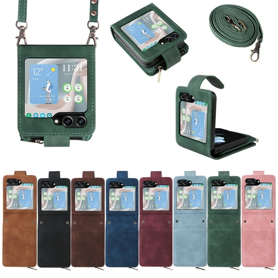 ELEHOLD for Samsung Galaxy Z Flip5 Wallet Crossbody Case,Card Slots Zipper Purse Magnetic Clasp Shoulder Strap Wrist Lanyard Flip Leather Case for Samsung Z Flip5,Green
