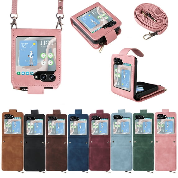 ELEHOLD for Samsung Galaxy Z Flip5 Wallet Crossbody Case,Card Slots Zipper Purse Magnetic Clasp Shoulder Strap Wrist Lanyard Flip Leather Case for Samsung Z Flip5,Pink