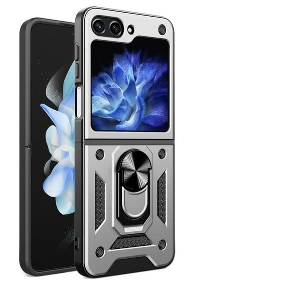 ELEHOLD for Samsung Galaxy Z Flip7 Case, Military Grade 360-degree Ring Kickstand Lens Cover Shockproof Heavy Duty Protective Case for Samsung Galaxy Z Flip7,Silver