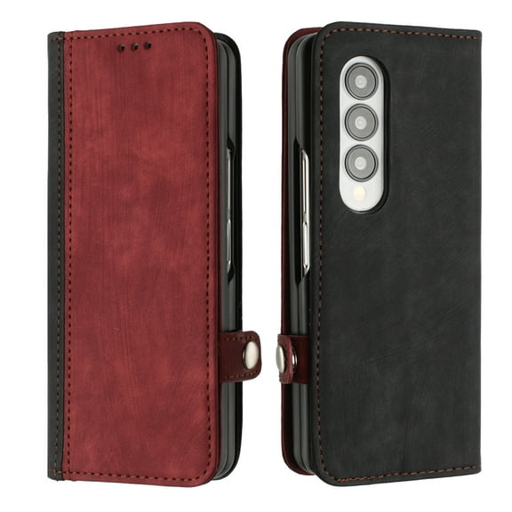 ELEHOLD for Samsung Galaxy Z Fold 3 2021 7.6" Wallet Case with Detachable Wrist Strap Handbag, Luxury PU Leather Flip Soft TPU Built-in Magnetic Card Slots Kickstand Function Shockproof Case,Red