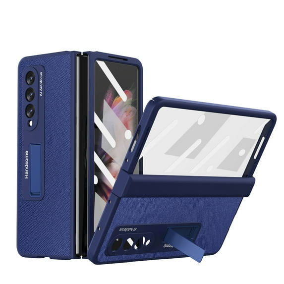 ELEHOLD for Samsung Galaxy Z Fold 3 5G 2021 7.6 Inch Case with Built-in Tempered Film, Hidden Backet Screen Protector Full Hinge Protection Hidden Kickstand Anti-Scratch Shockproof Case, Blue