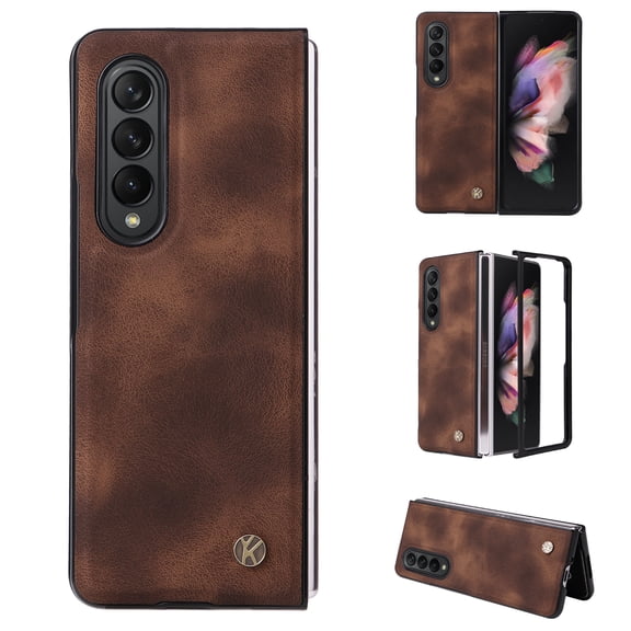 ELEHOLD for Samsung Galaxy Z Fold 3 5G 2021 Case, Skin Feeling Lightweight Durable PU Leather Anti-Slip Shockproof Slim Flip Case for Z Fold 3 7.6 inch, Brown