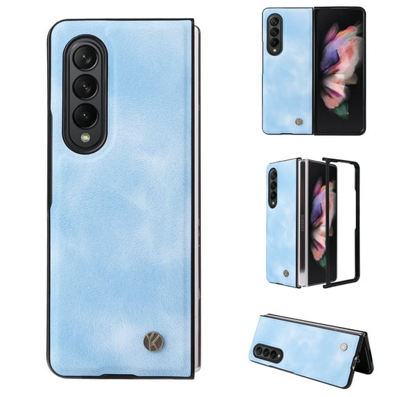 ELEHOLD for Samsung Galaxy Z Fold 3 5G 2021 Case, Skin Feeling Lightweight Durable PU Leather Anti-Slip Shockproof Slim Flip Case for Z Fold 3 7.6 inch, Lightblue