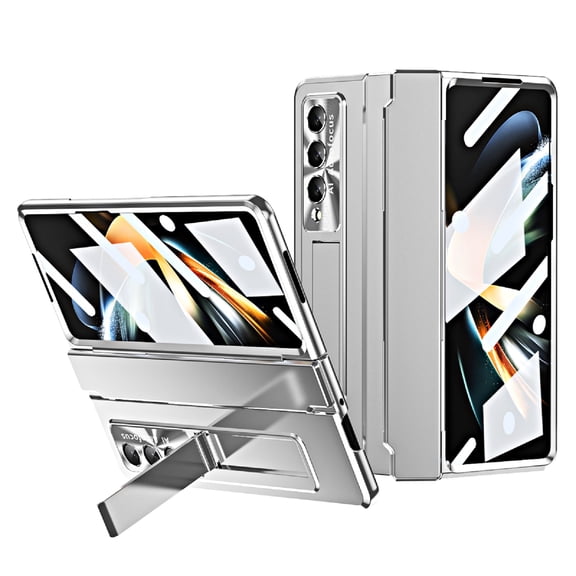 ELEHOLD for Samsung Galaxy Z Fold 3 Armor Plating Case, Build-in Screen Protector Wireless Charging Hinge Protection Hidden Kickstand Full Body Protective Shockproof Case for ZFold 3 7.6 inch,Silver