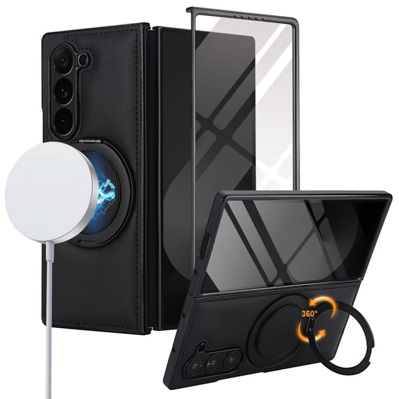 ELEHOLD For Samsung Galaxy Z Fold 3 Case, Faux Leather Shock-Absorbent Magnetic Ring Kickstand Anti-Scratch Protective Case Cover with Screen Protector Included, Black