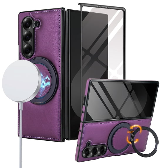 ELEHOLD For Samsung Galaxy Z Fold 3 Case, Faux Leather Shock-Absorbent Magnetic Ring Kickstand Anti-Scratch Protective Case Cover with Screen Protector Included, Darkpurple
