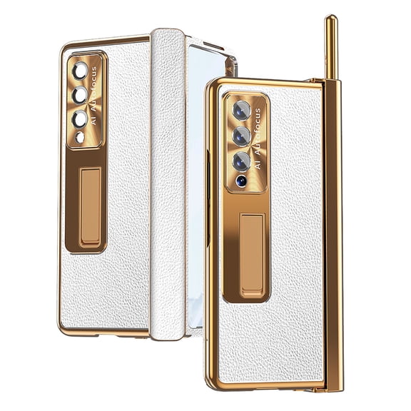 ELEHOLD for Samsung Galaxy Z Fold 3 Case, Lychee Pattern Luxury Built-in Tempered Glass Screen Protector Lens Film Plating Hinges Pen Solt Kickstand Shockproof Full Body Case for ZFold 3,Gold/Silver