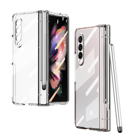 ELEHOLD for Samsung Galaxy Z Fold 3 Clear Back Plating Frame Case, Tempered Glass Screen Protector Hole Camera Protection S Pen Holder & Stylus Slim Transparent Case for Samsung Z Fold3 7.6",Clear