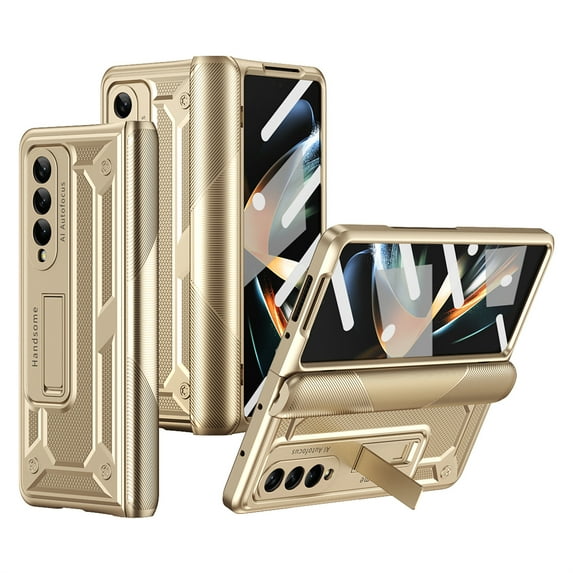 ELEHOLD for Samsung Galaxy Z Fold 3 Heavy Duty Case with Built-in Screen Protector Invisible Kickstand Hinge Protection Non-Slip Shockproof Full Body Rugged Case for Samsung Z Fold 3,Gold