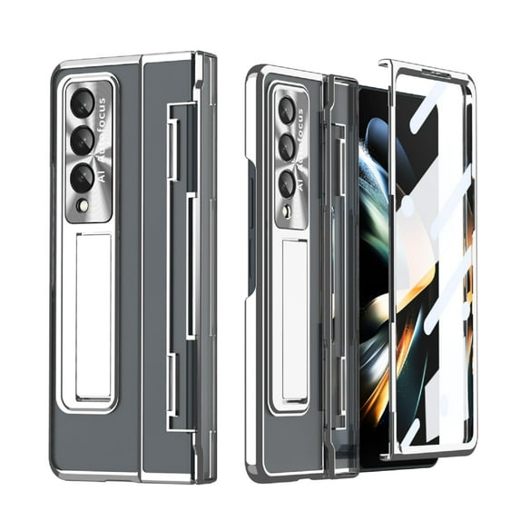 ELEHOLD for Samsung Galaxy Z Fold 3 Leveling Hinge Folding Case, HD Transparent Plating Frame Wireless Charging Hidden Kickstand 360° Full Protection Anti-Drop Shockproof Case for ZFold 3 7.6",Silver