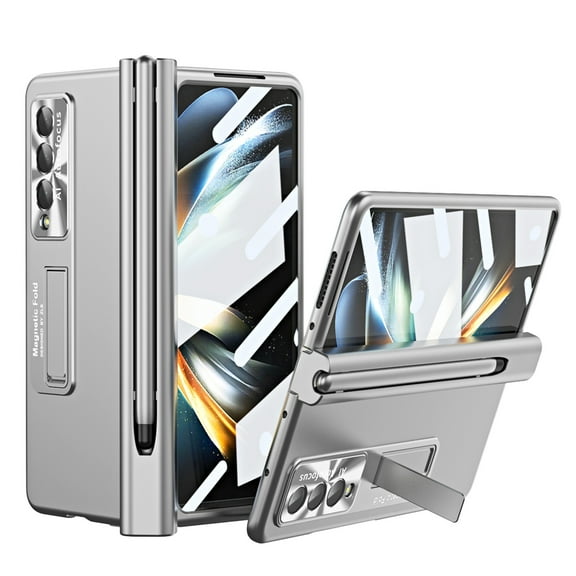 ELEHOLD Samsung Galaxy Z Fold 3 Luxury Rugged Case Hinge Folding All-inclusive with Hidden Kickstand Built-in Screen Protector Lens Protection Pen Slot S Pen Fold Edition for Z Fold 3 Case,Silver