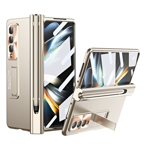 ELEHOLD Samsung Galaxy Z Fold 3 Luxury Rugged Case Hinge Folding All-inclusive with Hidden Kickstand Built-in Screen Protector Lens Protection Pen Slot S Pen Fold Edition for Z Fold 3 Case,Gold