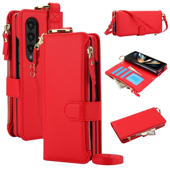 ELEHOLD For Samsung Galaxy Z Fold 3 Phone Case Leather Crossbody Zipper Card Wallet Flip Case Kickstand Cover, with Ring Holder,Full Body Protection-Red