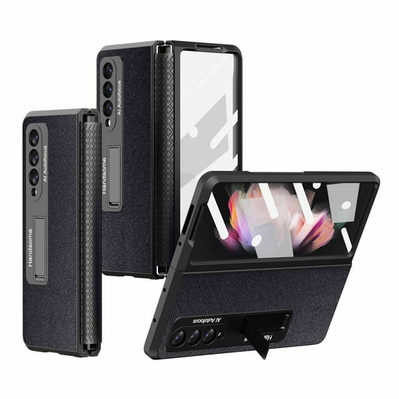 ELEHOLD for Samsung Galaxy Z Fold 3 Rugged Case, Hard PC＋Soft TPU Screen Protector Invisible Kickstand Hidden Bracket Anti-Scratch Shookproof Folding Case for ZFold 3 2021 7.6 inch, Black