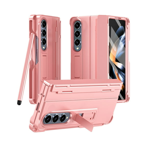 ELEHOLD for Samsung Galaxy Z Fold 3 Rugged Case with Hinge Protection Built-in Screen Protector Hidden Kickstand Hard PC Shockproof Protective Case Cover with Stylus Pen & Pen Holder, Pink