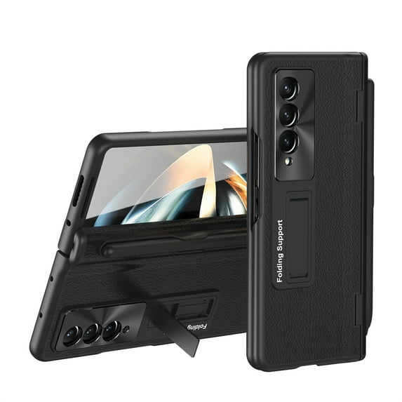 ELEHOLD for Samsung Galaxy Z Fold 3 Rugged Case,Premium Leather with Hinge Protection Screen Protector Complimentary Stylus Foldable Bracket Kickstand Shockproof Case for Samsung Z Fold 3,Black