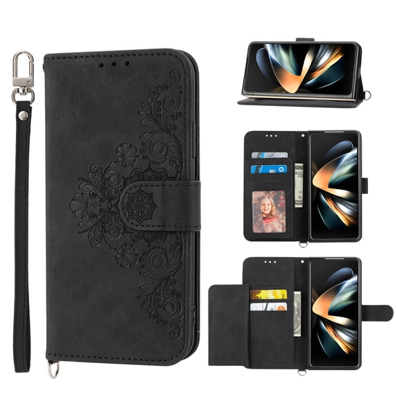 ELEHOLD for Samsung Galaxy Z Fold 3 Shoulder Crossbody Wallet Case with Card Slots, Floral Embossed PU Leather Wallet Flip Protective Kickstand Wrist Strap Cover, black