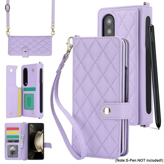 ELEHOLD for Samsung Galaxy Z Fold 3 Wallet Case,Luxury Premium PU Leather with Flip Card Holders Crossbody Shoulder Strap Wrist Strap Magnetic Clasp Shockproof Stand Cover for Galaxy Z Fold 3,Purple