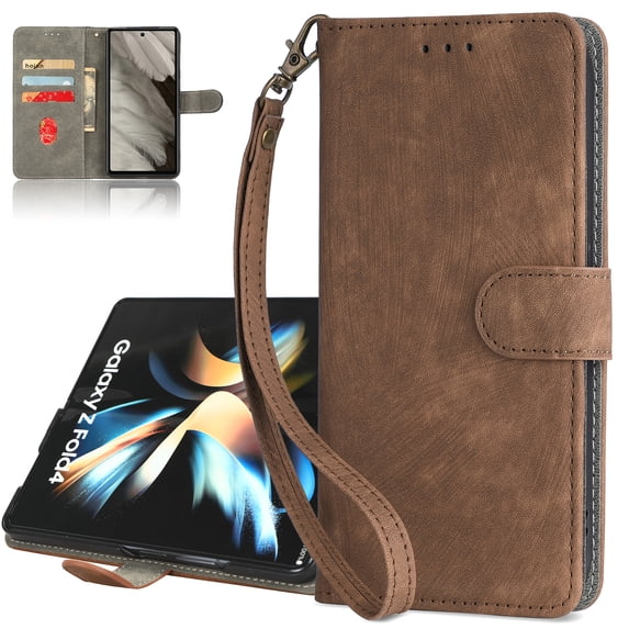 ELEHOLD for Samsung Galaxy Z Fold 3 Wallet Case with RFID Blocking Card Holder,Z Fold 3 Case Wallet with Wristlet Strap Durable PU Leather Magnetic Flip Folio Shockproof Cover for Women Men,Brown